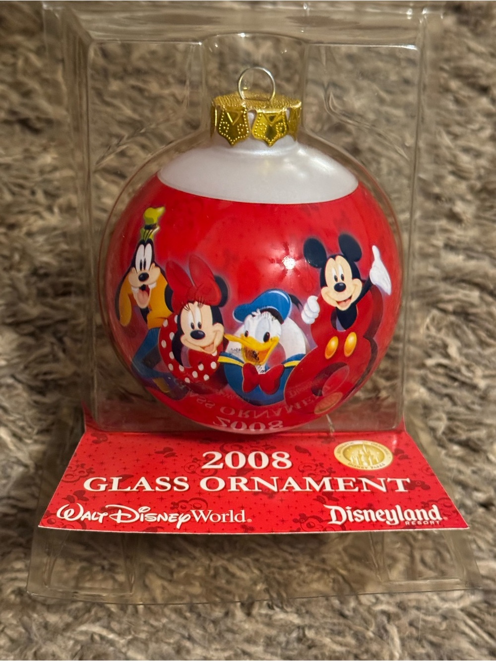 2008 Walt Disney Red Holiday Glass Ornament featuring Classic Characters